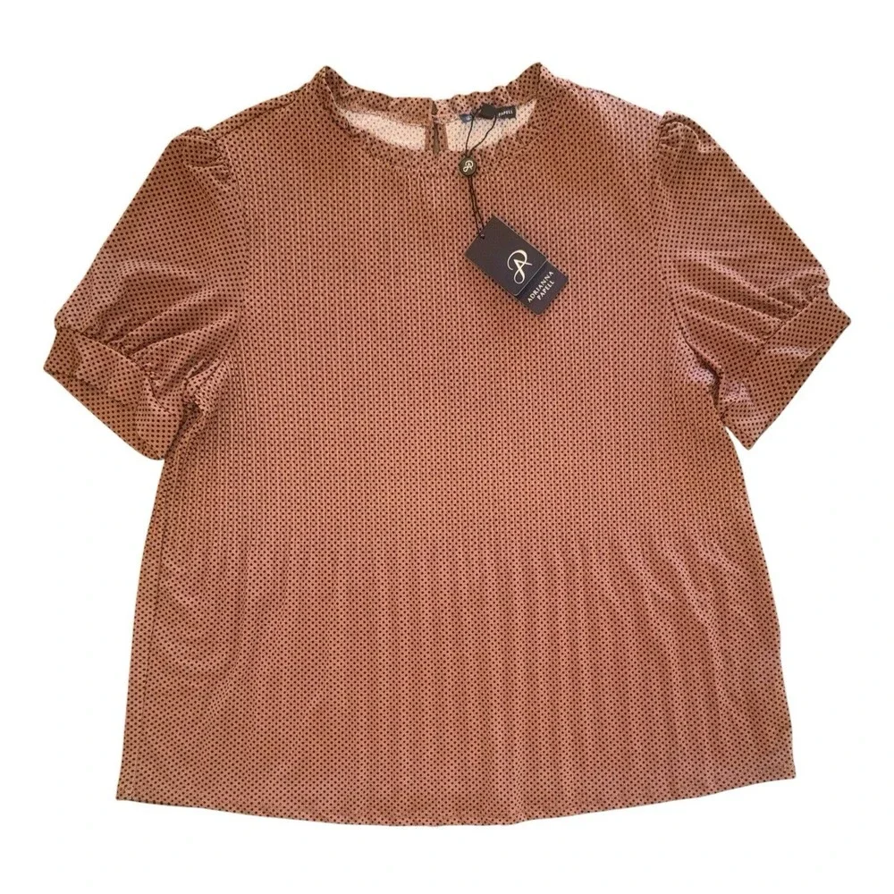 NWT Adrianna Papell Polka Dot Print Ruffle Neck Puffed Sleeve Pleated Top XL $69